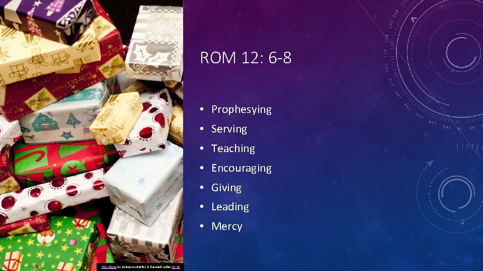 ROM 12: 6 -8 • Prophesying • Serving • Teaching • Encouraging • Giving