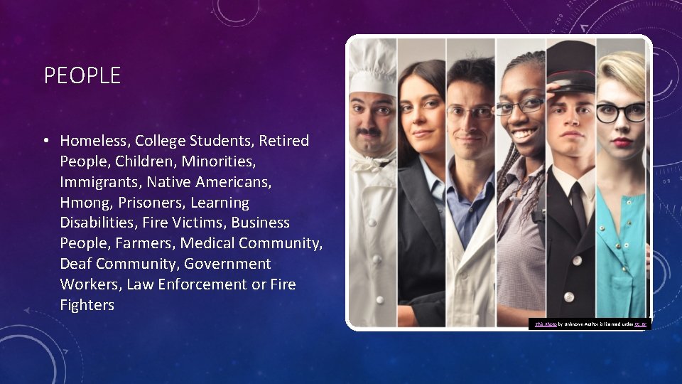 PEOPLE • Homeless, College Students, Retired People, Children, Minorities, Immigrants, Native Americans, Hmong, Prisoners,