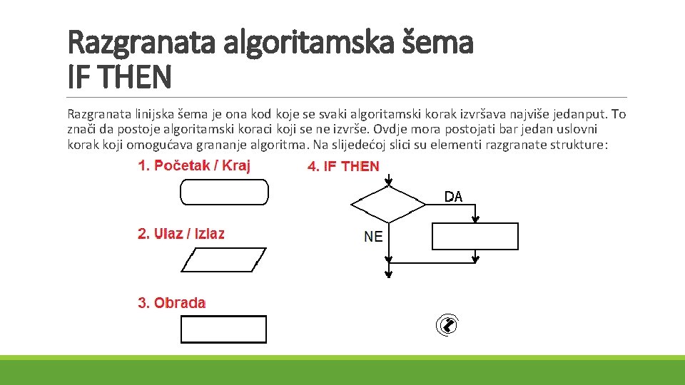 Razgranata algoritamska šema IF THEN Razgranata linijska šema je ona kod koje se svaki Razgranata algoritamska šema IF THEN Razgranata linijska šema je ona kod koje se svaki