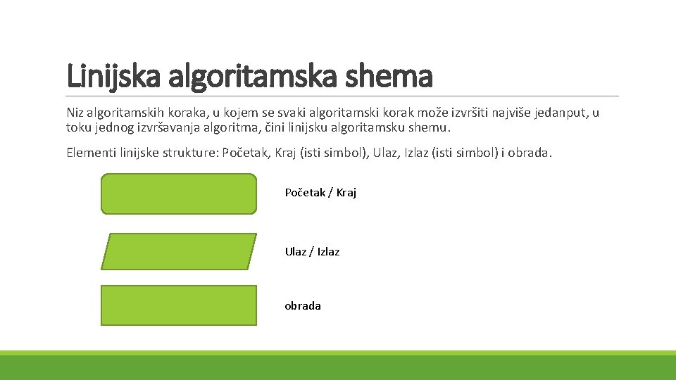 Linijska algoritamska shema Niz algoritamskih koraka, u kojem se svaki algoritamski korak može izvršiti Linijska algoritamska shema Niz algoritamskih koraka, u kojem se svaki algoritamski korak može izvršiti