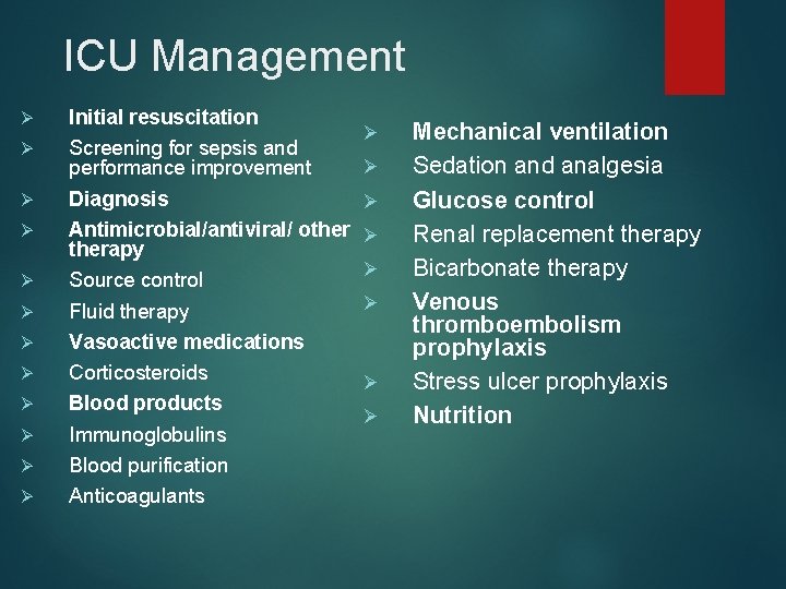 ICU Management Ø Ø Ø Initial resuscitation Screening for sepsis and performance improvement Diagnosis