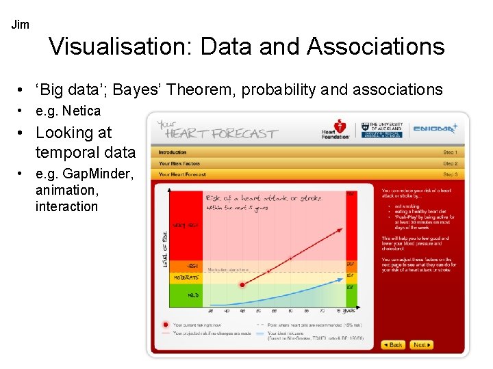 Jim Visualisation: Data and Associations • ‘Big data’; Bayes’ Theorem, probability and associations •