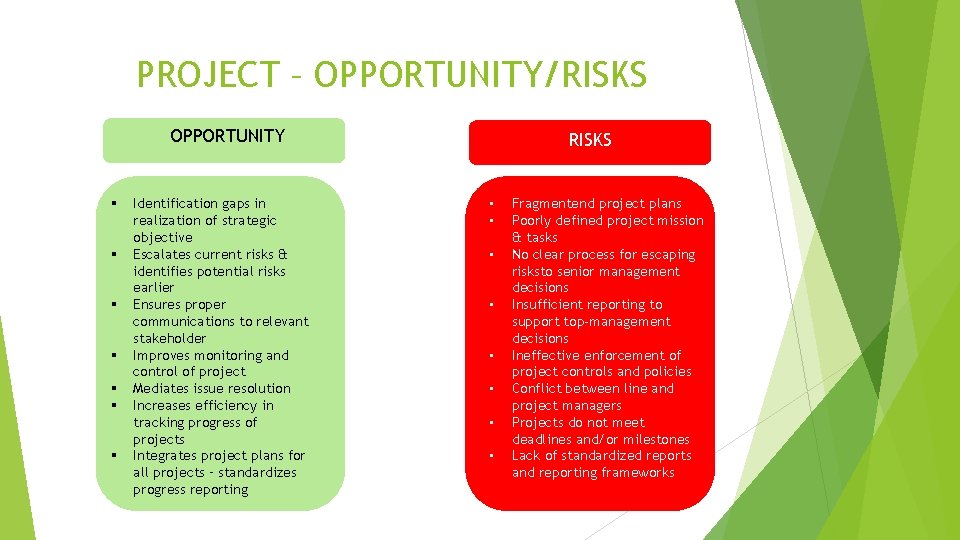 PROJECT – OPPORTUNITY/RISKS OPPORTUNITY § § § § Identification gaps in realization of strategic