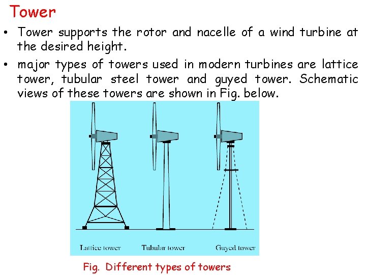 Tower • Tower supports the rotor and nacelle of a wind turbine at the