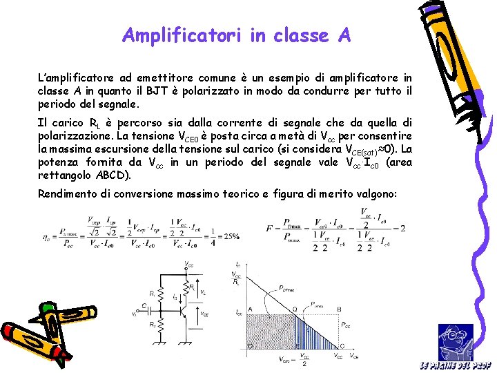 Amplificatori in classe A L’amplificatore ad emettitore comune è un esempio di amplificatore in