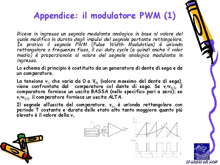 Appendice: il modulatore PWM (1) Riceve in ingresso un segnale modulante analogico in base
