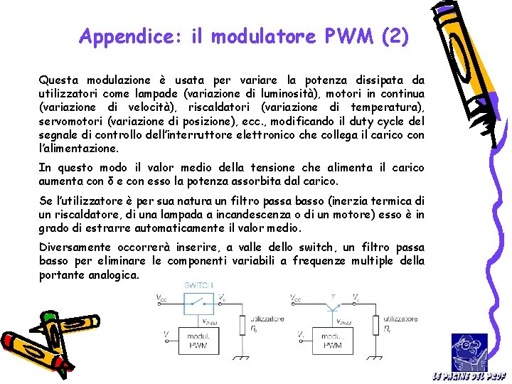 Appendice: il modulatore PWM (2) Questa modulazione è usata per variare la potenza dissipata