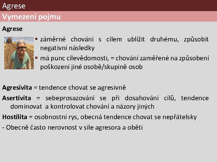 Agrese Vymezení pojmu Agrese § záměrné chování s cílem ublížit druhému, způsobit negativní následky