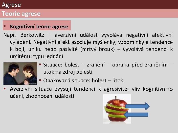 Agrese Teorie agrese § Kognitivní teorie agrese Např. Berkowitz – averzivní událost vyvolává negativní