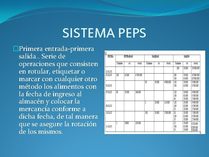 SISTEMA PEPS �Primera entrada-primera salida. . Serie de operaciones que consisten en rotular, etiquetar SISTEMA PEPS �Primera entrada-primera salida. . Serie de operaciones que consisten en rotular, etiquetar