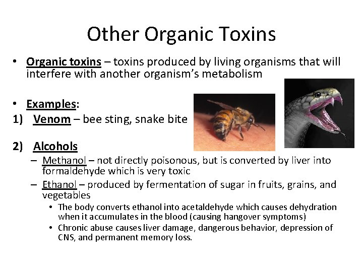 Other Organic Toxins • Organic toxins – toxins produced by living organisms that will