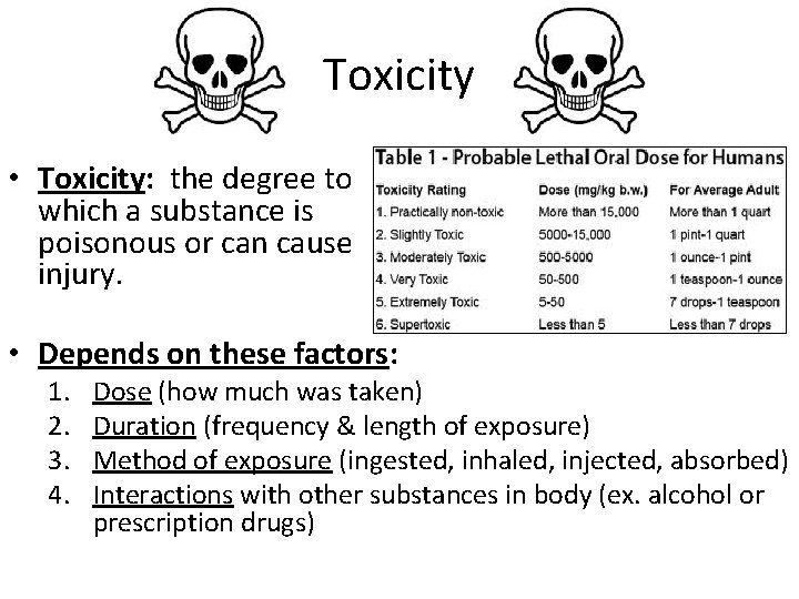 Toxicity • Toxicity: the degree to which a substance is poisonous or can cause