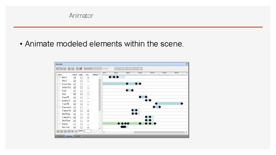 Animator • Animate modeled elements within the scene. 