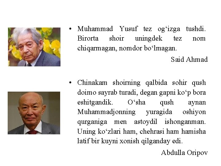  • Muhammad Yusuf tez og‘izga tushdi. Birorta shoir uningdek tez nom chiqarmagan, nomdor