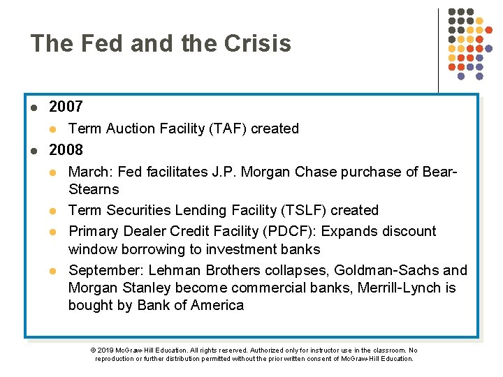 The Fed and the Crisis l l 2007 l Term Auction Facility (TAF) created