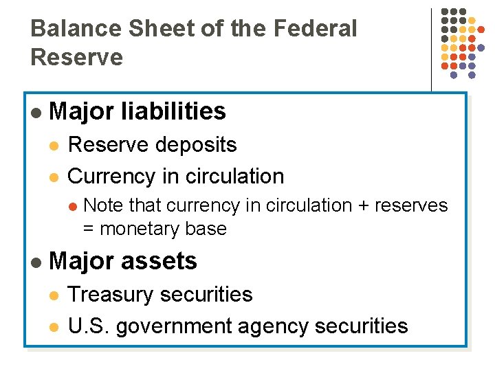 Balance Sheet of the Federal Reserve l Major liabilities l l Reserve deposits Currency