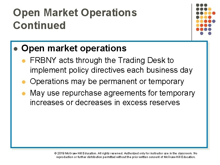 Open Market Operations Continued l Open market operations l l l FRBNY acts through