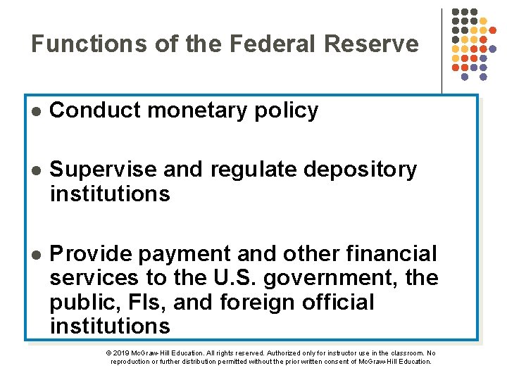 Functions of the Federal Reserve l Conduct monetary policy l Supervise and regulate depository