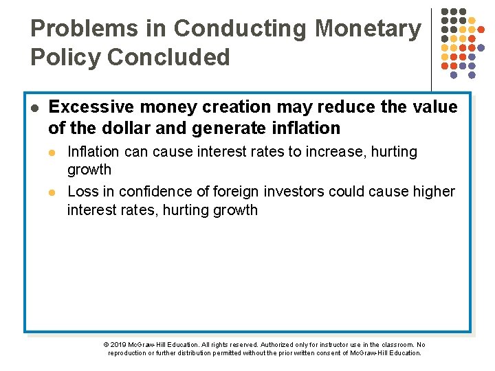 Problems in Conducting Monetary Policy Concluded l Excessive money creation may reduce the value