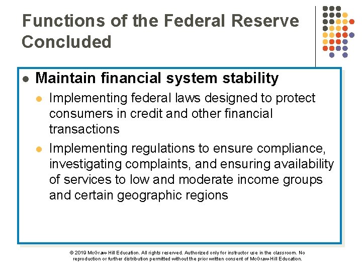 Functions of the Federal Reserve Concluded l Maintain financial system stability l l Implementing