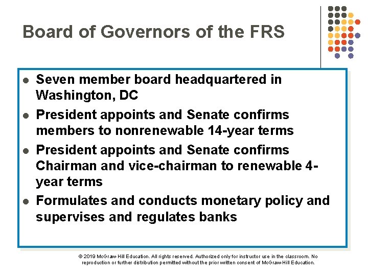 Board of Governors of the FRS l l Seven member board headquartered in Washington,
