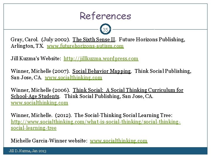 References 35 Gray, Carol. (July 2002). The Sixth Sense II. Future Horizons Publishing, Arlington,