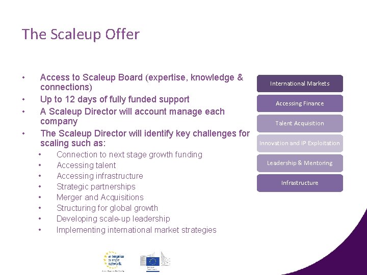 The Scaleup Offer • • Access to Scaleup Board (expertise, knowledge & connections) Up