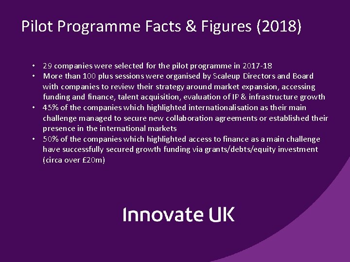 Pilot Programme Facts & Figures (2018) • 29 companies were selected for the pilot