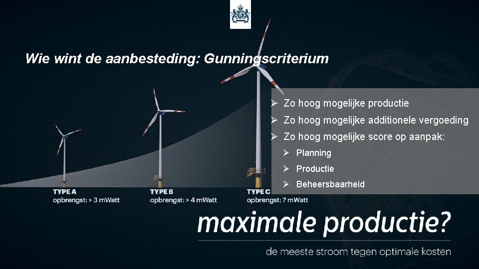 Wie wint de aanbesteding: Gunningscriterium Ø Zo hoog mogelijke productie Ø Zo hoog mogelijke