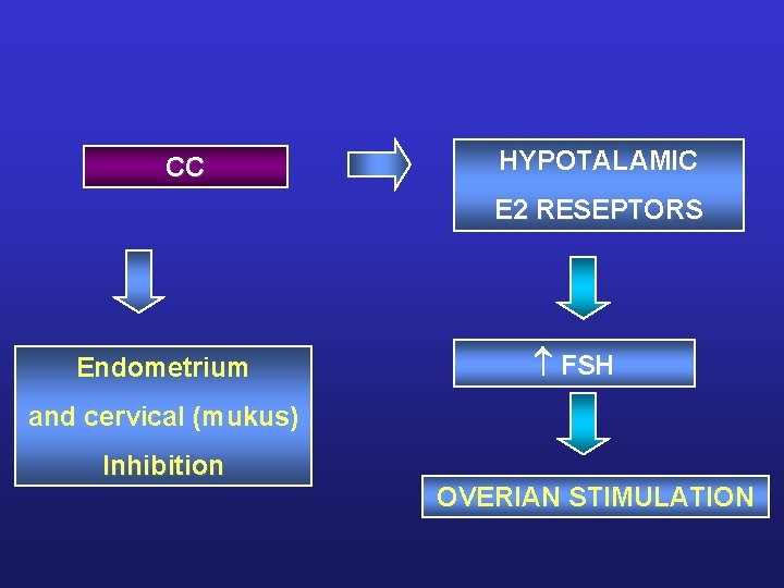 CC HYPOTALAMIC E 2 RESEPTORS Endometrium FSH and cervical (mukus) Inhibition OVERIAN STIMULATION CC HYPOTALAMIC E 2 RESEPTORS Endometrium FSH and cervical (mukus) Inhibition OVERIAN STIMULATION