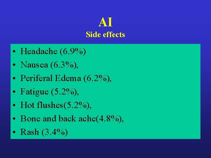 AI Side effects • • Headache (6. 9%) Nausea (6. 3%), Periferal Edema (6. AI Side effects • • Headache (6. 9%) Nausea (6. 3%), Periferal Edema (6.