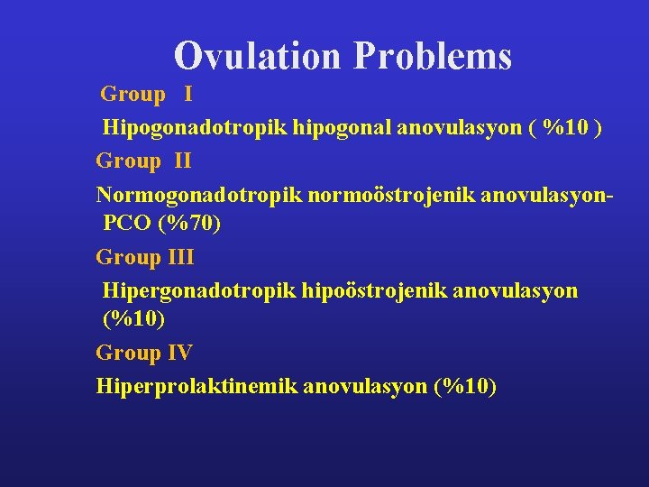 Ovulation Problems Group I Hipogonadotropik hipogonal anovulasyon ( %10 ) Group II Normogonadotropik normoöstrojenik Ovulation Problems Group I Hipogonadotropik hipogonal anovulasyon ( %10 ) Group II Normogonadotropik normoöstrojenik