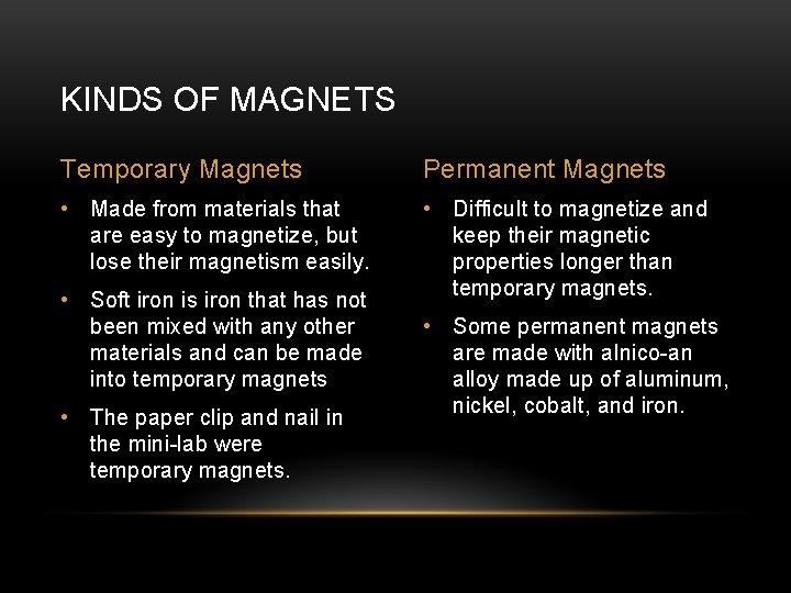 KINDS OF MAGNETS Temporary Magnets Permanent Magnets • Made from materials that are easy