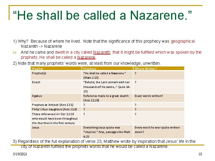 “He shall be called a Nazarene. ” 1) Why? Because of where he lived.