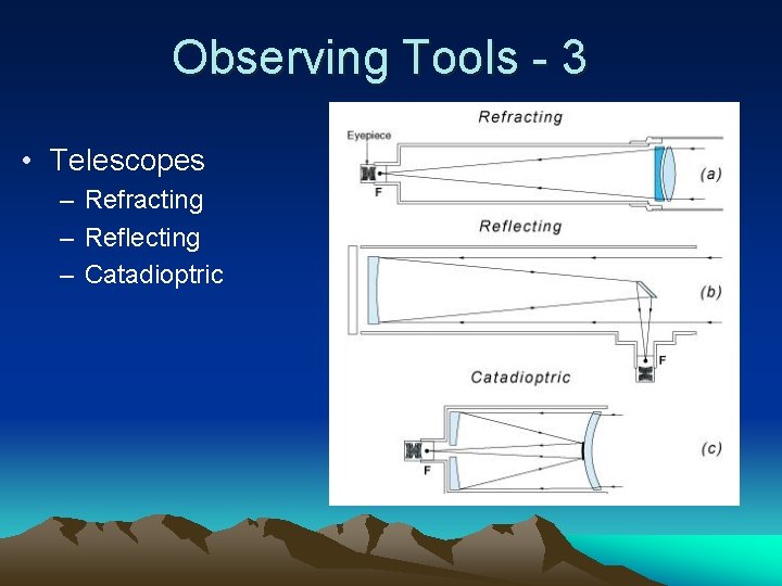 Observing Tools - 3 • Telescopes – Refracting – Reflecting – Catadioptric 