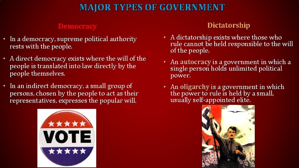 MAJOR TYPES OF GOVERNMENT Democracy • In a democracy, supreme political authority rests with