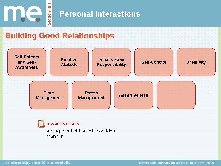 Section 10. 1 Personal Interactions Building Good Relationships Self-Esteem and Self. Awareness Positive Attitude