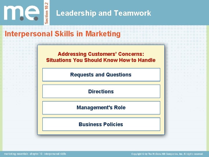 Section 10. 2 Leadership and Teamwork Interpersonal Skills in Marketing Addressing Customers’ Concerns: Situations