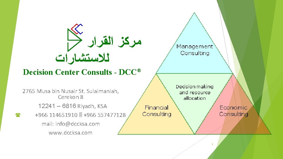  ﻣﺮﻛﺰ ﺍﻟﻘﺮﺍﺭ ﻟﻼﺳﺘﺸﺎﺭﺍﺕ Decision Center Consults - DCC® 2765 Musa bin Nusair St.