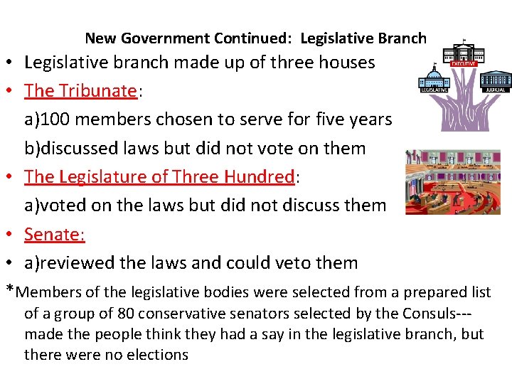 New Government Continued: Legislative Branch • Legislative branch made up of three houses •