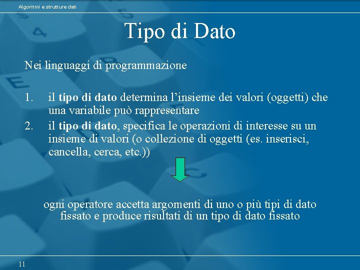 Algoritmi e strutture dati Tipo di Dato Nei linguaggi di programmazione 1. 2. il