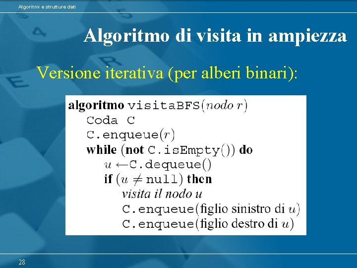 Algoritmi e strutture dati Algoritmo di visita in ampiezza Versione iterativa (per alberi binari):
