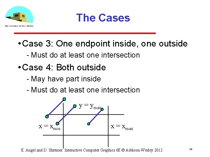 The Cases • Case 3: One endpoint inside, one outside Must do at least