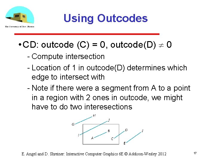 Using Outcodes • CD: outcode (C) = 0, outcode(D) 0 Compute intersection Location of