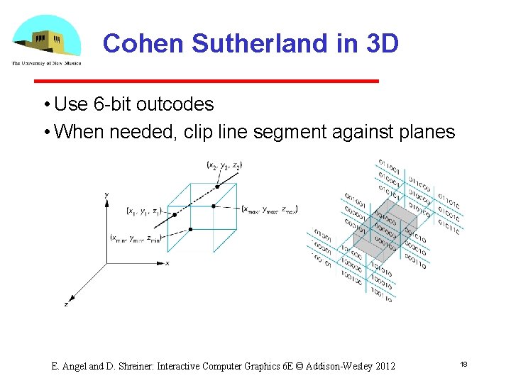 Cohen Sutherland in 3 D • Use 6 bit outcodes • When needed, clip
