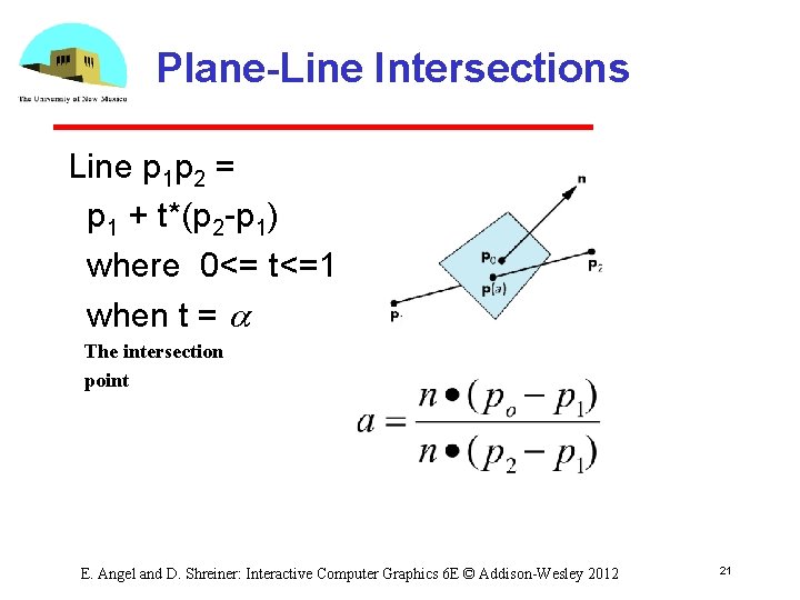 Plane-Line Intersections Line p 1 p 2 = p 1 + t*(p 2 p