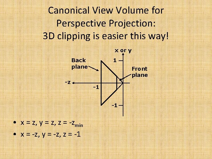 Canonical View Volume for Perspective Projection: 3 D clipping is easier this way! x