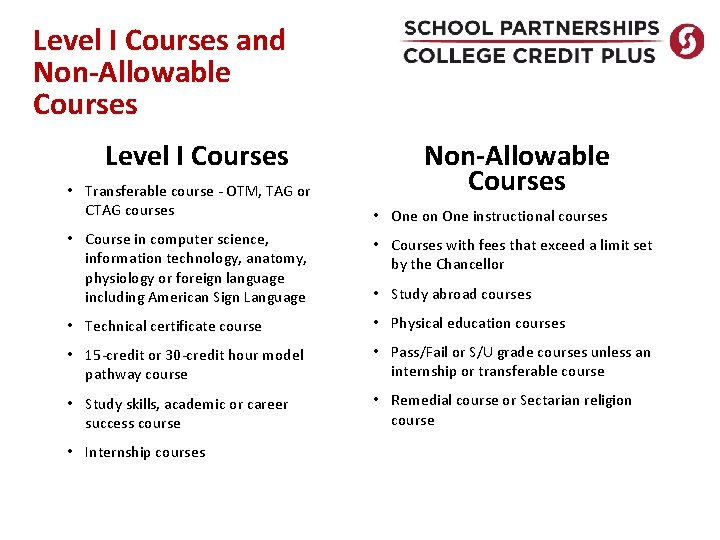 Level I Courses and Non-Allowable Courses Level I Courses • Transferable course - OTM, Level I Courses and Non-Allowable Courses Level I Courses • Transferable course - OTM,