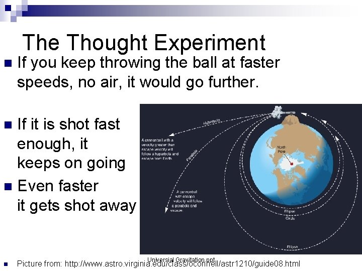 The Thought Experiment n If you keep throwing the ball at faster speeds, no The Thought Experiment n If you keep throwing the ball at faster speeds, no