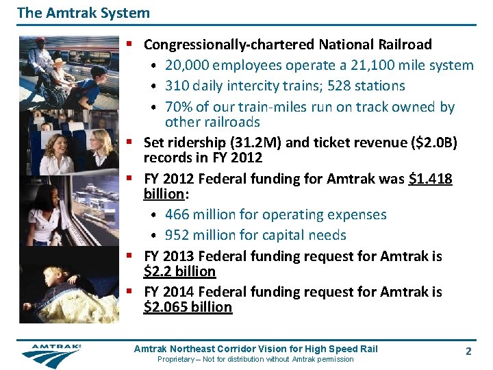 The Amtrak System § Congressionally-chartered National Railroad • 20, 000 employees operate a 21,